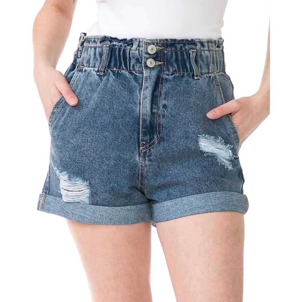 Love Tree High Waisted Distressed Paperbag Denim‎ Shorts